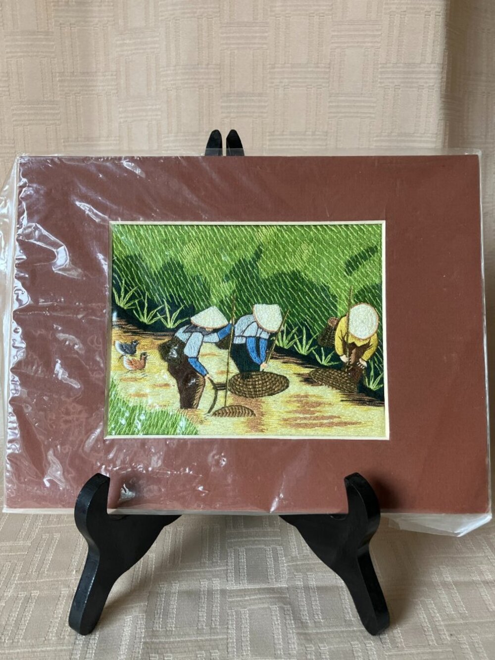 Vtg Vietnamese Hand Embroidered Satin Rice Paddy Farming Scene Matted Textile